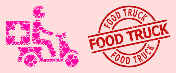 Grunge Food Truck stamp, and pink love heart collage for medical motorbike. Red round stamp seal has Food Truck text inside circle. Medical motorbike collage is made of pink romantic elements.
