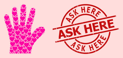 Scratched Ask Here stamp seal, and pink love heart mosaic for hand palm. Red round seal has Ask Here text inside circle. Hand palm mosaic is designed of pink dating items.