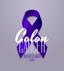 Colon Cancer Awareness Calligraphy Poster Design. Realistic Dark Blue Ribbon.