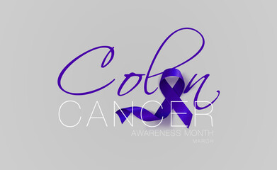 Colon Cancer Awareness Calligraphy Poster Design. Realistic Dark Blue Ribbon.
