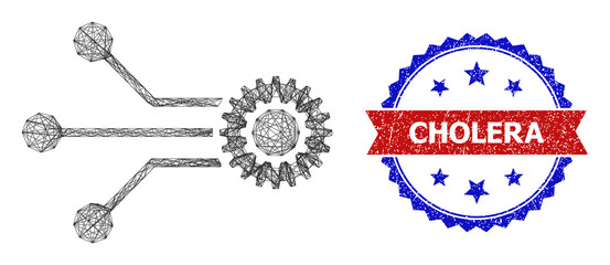 Mesh net micro mechanics carcass icon, and bicolor grunge Cholera seal. Flat carcass created from micro mechanics symbol and intersected lines. Vector watermark with scratched bicolored style,