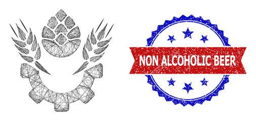 Net mesh beer industry carcass icon, and bicolor grunge Non Alcoholic Beer seal. Flat mesh created from beer industry symbol and crossing lines. Vector imprint with grunge bicolored style,