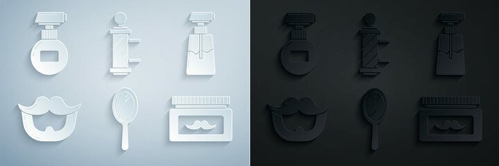 Set Hand mirror, Cream lotion cosmetic tube, Mustache beard, jar, Classic Barber shop pole and icon. Vector