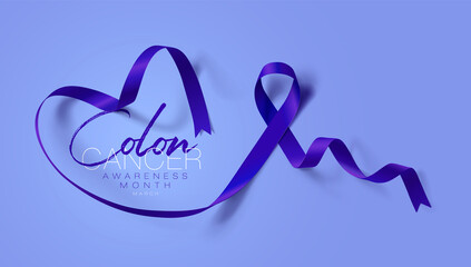 Colon Cancer Awareness Calligraphy Poster Design. Realistic Dark Blue Ribbon.