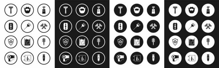 Fototapeta premium Set Cream or lotion cosmetic tube, Hairbrush, Blade razor, Shaving, Crossed shaving, Mustache and beard, and shield icon. Vector