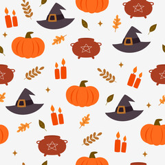 Autumn witch seamless pattern. Halloween decor. Pumpkin, hat, cauldron, candles. Magic cartoon pattern. Vector flat illustration. Cozy colors.