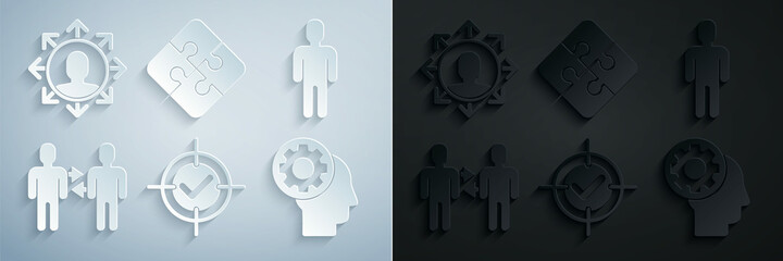 Set Target and check mark, User of man in business suit, Project team base, Human head with gear inside, Piece puzzle and icon. Vector