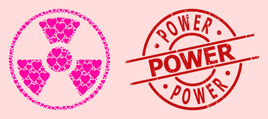 Distress Power seal, and pink love heart collage for radioactive symbol. Red round stamp seal contains Power text inside circle. Radioactive symbol collage is designed with pink amour icons.