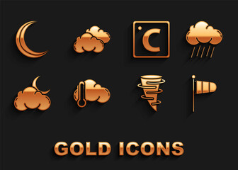 Set Thermometer and cloud, Cloud with rain, Cone meteorology windsock wind vane, Tornado, moon stars, Celsius, Moon and icon. Vector