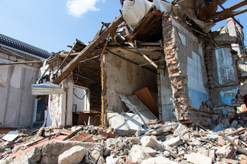 Ruins in Ganja city of Azerbaijan after the Armenian ballistic missile attack in October 2020. War...