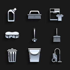 Fototapeta premium Set Toilet brush, Bucket, Vacuum cleaner, Handle broom, Trash can, Sponge, Washer t-shirt and Plastic bottles for liquid dishwashing liquid icon. Vector
