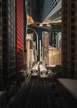 Aerial view of train station in Chicago in droneception style, Chicago, USA.
