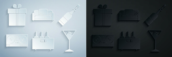 Set Bottles of wine in a wooden box, Champagne bottle, DJ remote for playing and mixing music, Martini glass, Sofa and Gift icon. Vector