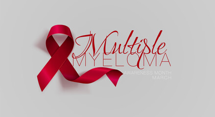 Multiple Myeloma Awareness Calligraphy Poster Design. Realistic Burgundy Ribbon.