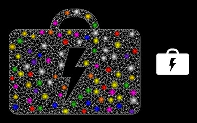 Glowing mesh electric toolbox constellation icon with lightspots. Illuminated vector model based on electric toolbox pictogram. Sparkle frame mesh electric toolbox on a black background.