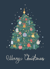 Christmas and Happy New Year illustration of Christmas tree. Vector design template.