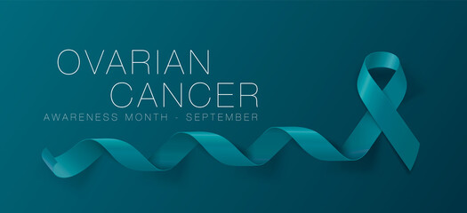 Ovarian Cancer Awareness Calligraphy Poster Design. Realistic Teal Ribbon. September is Cancer Awareness Month. Vector