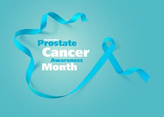 Prostate Cancer Awareness Calligraphy Poster Design. Realistic Light Blue Ribbon.