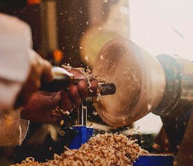 A wooden bowl being turned by a man on a woodturning lathe.A craftsman at work.Sawdust is flying.