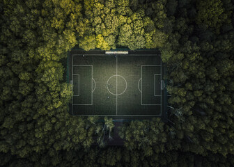 Aerial view of a football field with people playing soccer surrounded by forest trees in Moscow city, Russia.