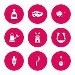 Set Windmill, Sickle, Shovel, Horseshoe, Corn, Watering can, Wheelbarrow with dirt and Bag of flour icon. Vector