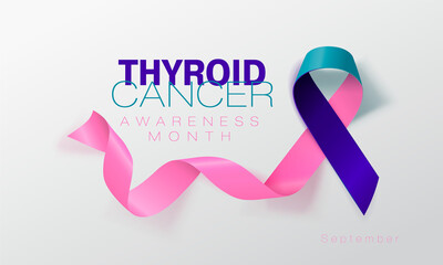 Thyroid Cancer Awareness Calligraphy Poster Design. Realistic Teal and Pink and Blue Ribbon.