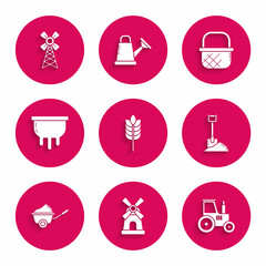 Set Cereals with rice, wheat, corn, oats, rye, Windmill, Tractor, Shovel the ground, Wheelbarrow dirt, Udder, Shopping basket and icon. Vector