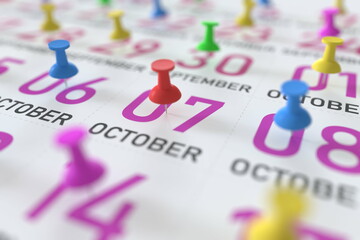 October 7 date and push pin on a calendar, 3D rendering