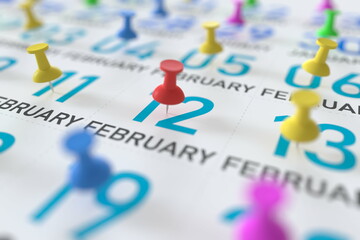February 12 date marked with red pushpin on a calendar, 3D rendering