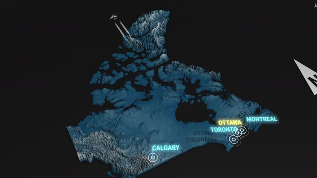 Seamless looping animation of the 3d terrain map at nighttime of Canada with the capital and the biggest cites in 4K resolution