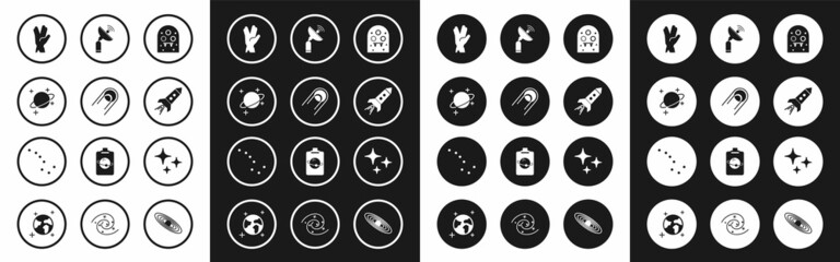 Set Alien, Satellite, Planet, Vulcan salute, Rocket ship with fire, Radar, Falling star and Great Bear constellation icon. Vector