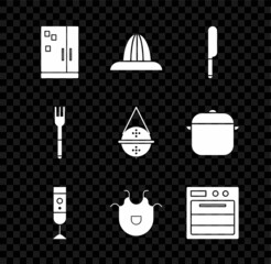 Set Refrigerator, Citrus fruit juicer, Knife, Blender, Kitchen apron, Oven, Fork and Ball tea strainer icon. Vector