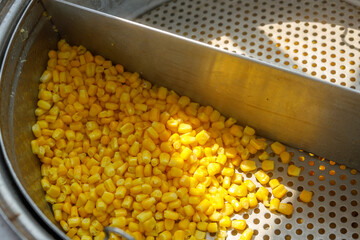 Grains of boiled delicious corn close-up. Steam from hot food. The concept of healthy eating.