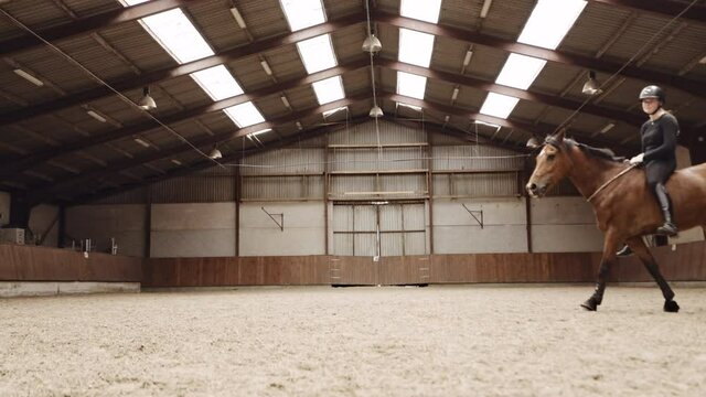 Young Woman Riding Bareback On Horse Through Paddock