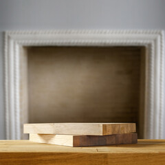 Desk of free space and fireplace in home interior. 