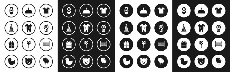 Set Baby onesie, clothes, Party hat, Newborn baby infant swaddled, Monitor Walkie Talkie, Cake with burning candles, crib cradle bed and Gift box icon. Vector