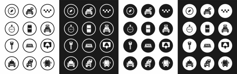 Set Taxi car roof, call telephone service, Stopwatch 24 hours, Compass, Map pointer with taxi and Car key icon. Vector