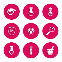 Set Biohazard symbol, Test tube and flask chemical, Mortar pestle, Microorganisms under magnifier, on shield, and icon. Vector