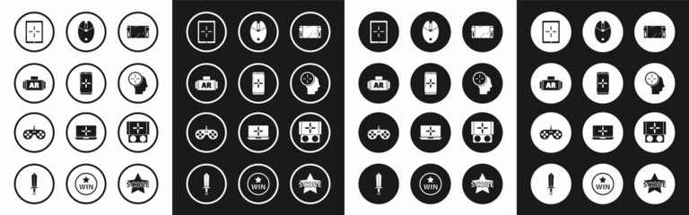 Fototapeta premium Set Portable video game console, Smartphone and playing in, Ar, augmented reality, Tablet, Head hunting concept, Computer mouse gaming, and Gamepad icon. Vector