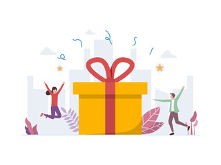 Give away concept, man and woman feels joy and happy for the gift vector illustration