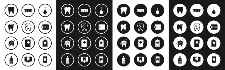 Fototapeta premium Set Enema pear, Tooth with caries, whitening concept, Dentures model, Clipboard dental card and icon. Vector