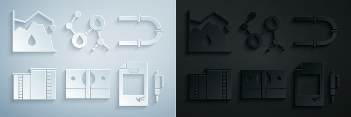 Set Stacks paper money cash, Industry pipe, Oil industrial factory building, Contract and pen, Molecule oil and Drop crude price icon. Vector