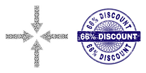 Recursive collage impact arrows and 66% Discount round corroded seal. Blue stamp seal includes 66% Discount tag inside circle and guilloche technique.
