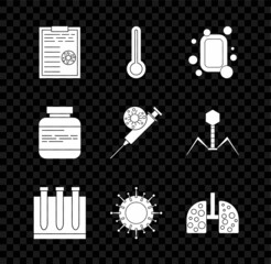 Set Clipboard with blood test results, Medical thermometer, Bar of soap, Blood and virus, Virus, cells in lung, Medicine bottle pills and Syringe icon. Vector