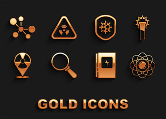 Set Magnifying glass, Test tube and flask, Atom, Electrical panel, Radioactive location, Shield protecting from virus, Molecule and Triangle with radiation icon. Vector