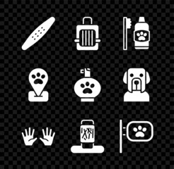 Set Nail file pet, Pet carry case, Dental hygiene for pets, Medical rubber gloves, Cat scratching post, grooming, Location and shampoo icon. Vector