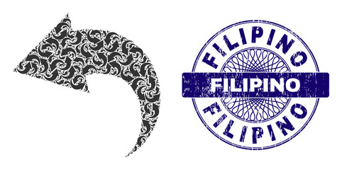 Recursion collage undo and Filipino round grunge stamp seal. Blue stamp includes Filipino text inside circle and guilloche ornament. Vector collage is composed with repeating rotated undo parts.