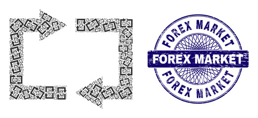 Recursive collage exchange arrows and Forex Market round grunge stamp seal. Violet stamp seal includes Forex Market title inside circle and guilloche structure.