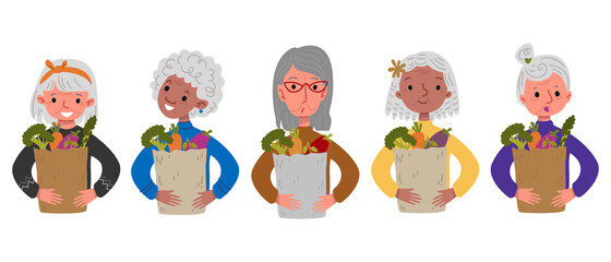 Set of elderly cartoon women holding eco-friendly bags of vegetables and fruits. Cheerful cute old characters up to the waist. Vector illustration in children s style