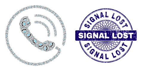 Obraz premium Recursive mosaic phone call and Signal Lost round grunge stamp imitation. Blue stamp seal includes Signal Lost title inside circle and guilloche ornament.